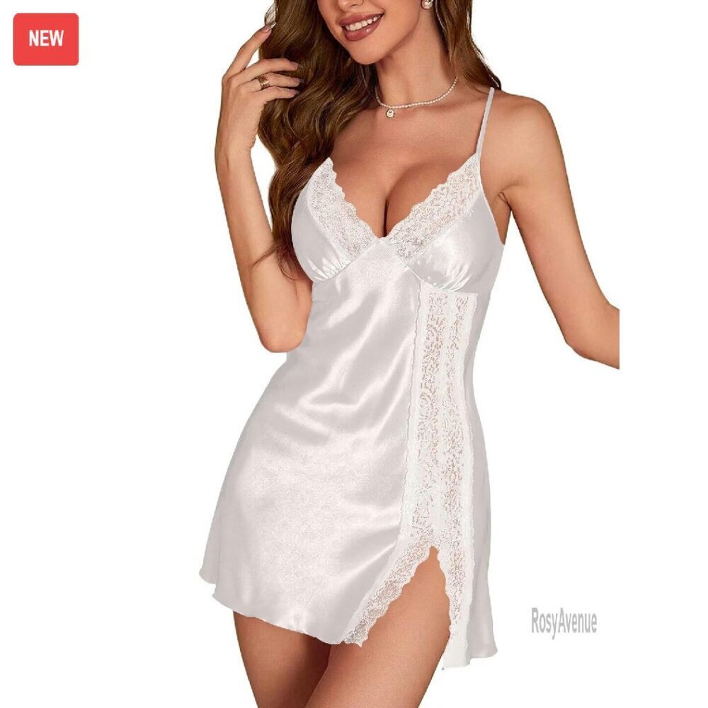 Silk Satin Chemise Nightgown with Lace Trim Side Slit Sleepwear